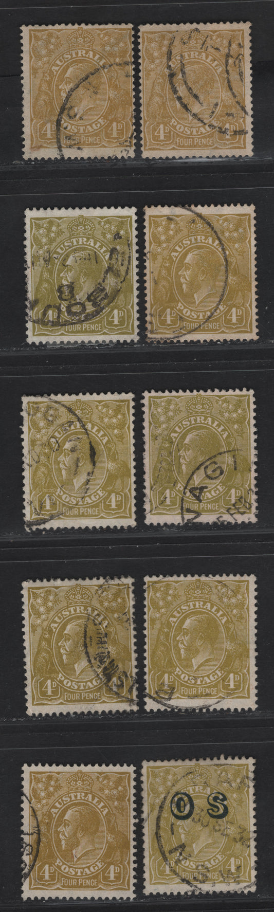 Lot 251 Australia SG#80, 80a, 102, O125, 129 4d Olive Vistre - Pale Olive Green King George V, 1924-1936 KGV Heads Issues, 10 Fine/Very Fine Used Singles, Single Crown, Small Multiple & C of A Wmks, Perf 13.5x12.5, Several Shade Variations.