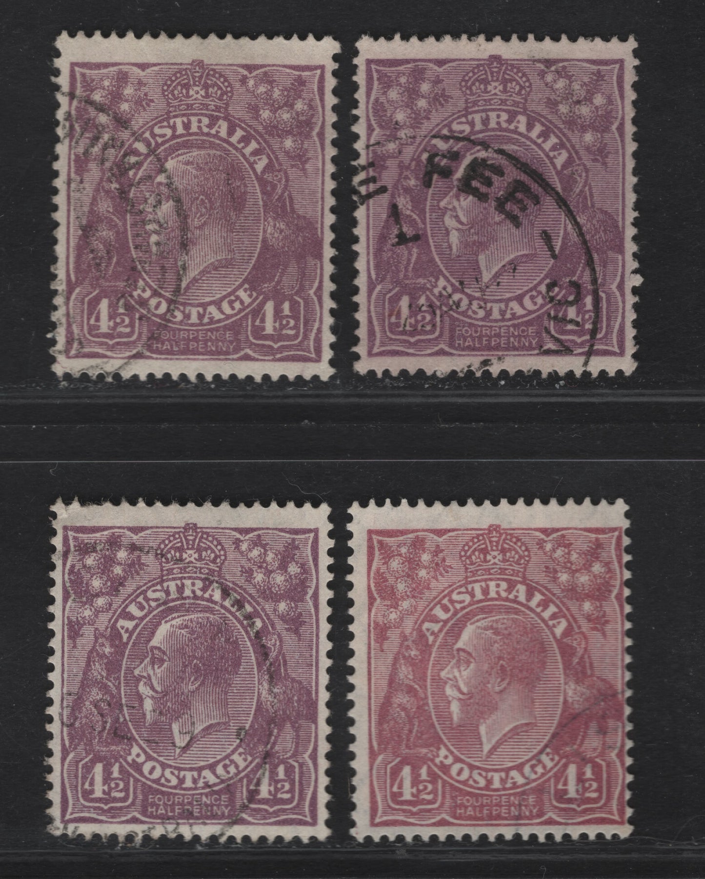 Lot 252 (C)  Australia SG#81, 92 4.5d Violet King George V, 1924-1930 KGV Heads Issues, 4 Fine/Very Fine Used Singles, Selection of Both Watermarks & An Extra Shade Of The Perf 14 Small Multiple Wmk
