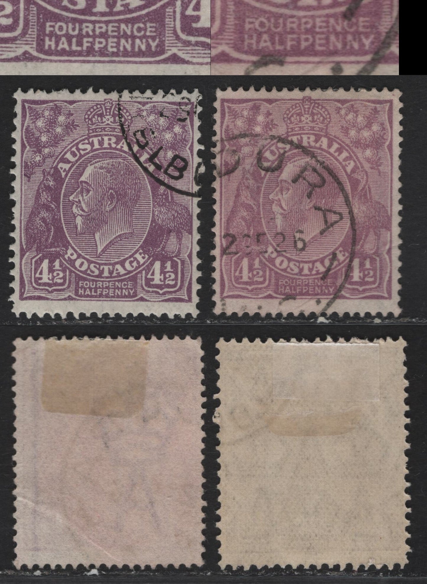 Lot 253 (C)  Australia SG#120a 4.5d Violet King George V, 1930 Surcharged KGV Heads Issue, 2 VFOG Singles, Redrawn Die With Thicker FourPence Lettering & No Surcharge, CTO with Full Gum From Post Office Sets, As Noted In Gibbons