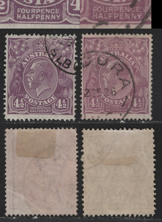 Lot 253 (C)  Australia SG#120a 4.5d Violet King George V, 1930 Surcharged KGV Heads Issue, 2 VFOG Singles, Redrawn Die With Thicker FourPence Lettering & No Surcharge, CTO with Full Gum From Post Office Sets, As Noted In Gibbons