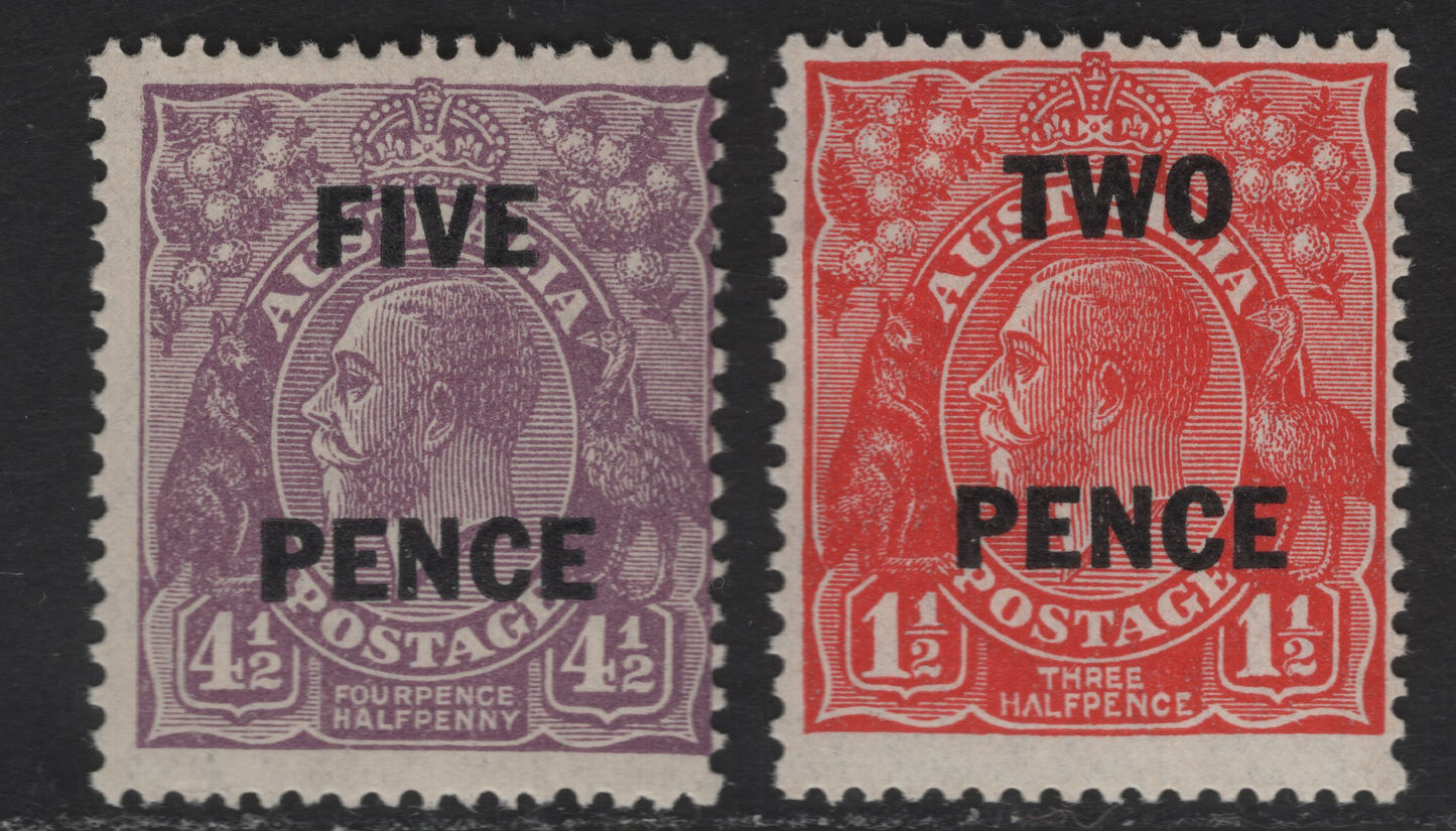 Lot 254 Australia SG#119-120 2d - 5d on 4.5d Golden Scarlet - Violet King George V, 1930 Surcharged KGV Heads Issue, 2 FNH Singles