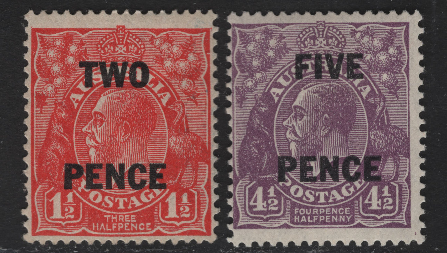 Lot 255 Australia SG#119-120 2d - 5d on 4.5d Golden Scarlet - Violet King George V, 1930 Surcharged KGV Heads Issue, 2 FOG Singles