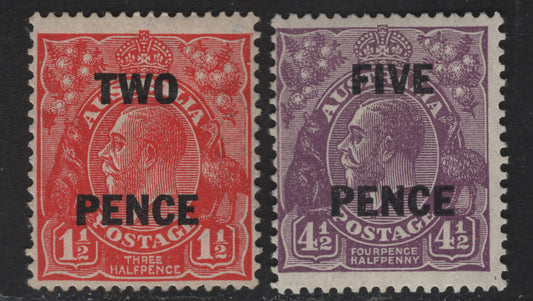 Lot 255 Australia SG#119-120 2d - 5d on 4.5d Golden Scarlet - Violet King George V, 1930 Surcharged KGV Heads Issue, 2 FOG Singles