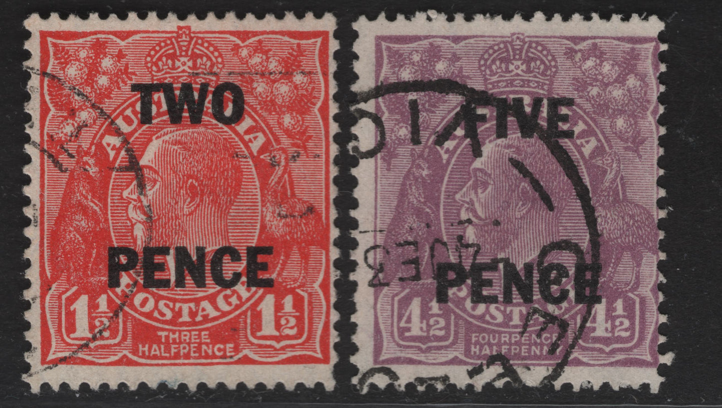 Lot 256 (C)  Australia SG#119-120 2d - 5d on 4.5d Golden Scarlet - Violet King George V, 1930 Surcharged KGV Heads Issue, 23 Very Good/Fine Used Singles
