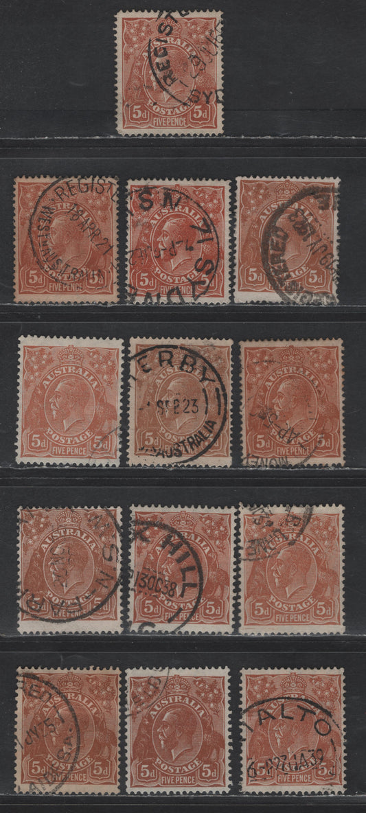 Lot 259 (C)  Australia SG#23,b,ba, 103a, 130 5d Brown King George V, 1914-1920 KGV Heads Issues, 13 Fine/Very Fine Used Singles, Complete Offering Of All Watermarks & Perfs, Including the line & Comb Perfs Of the Single Crown Wmk, Additional Shades.