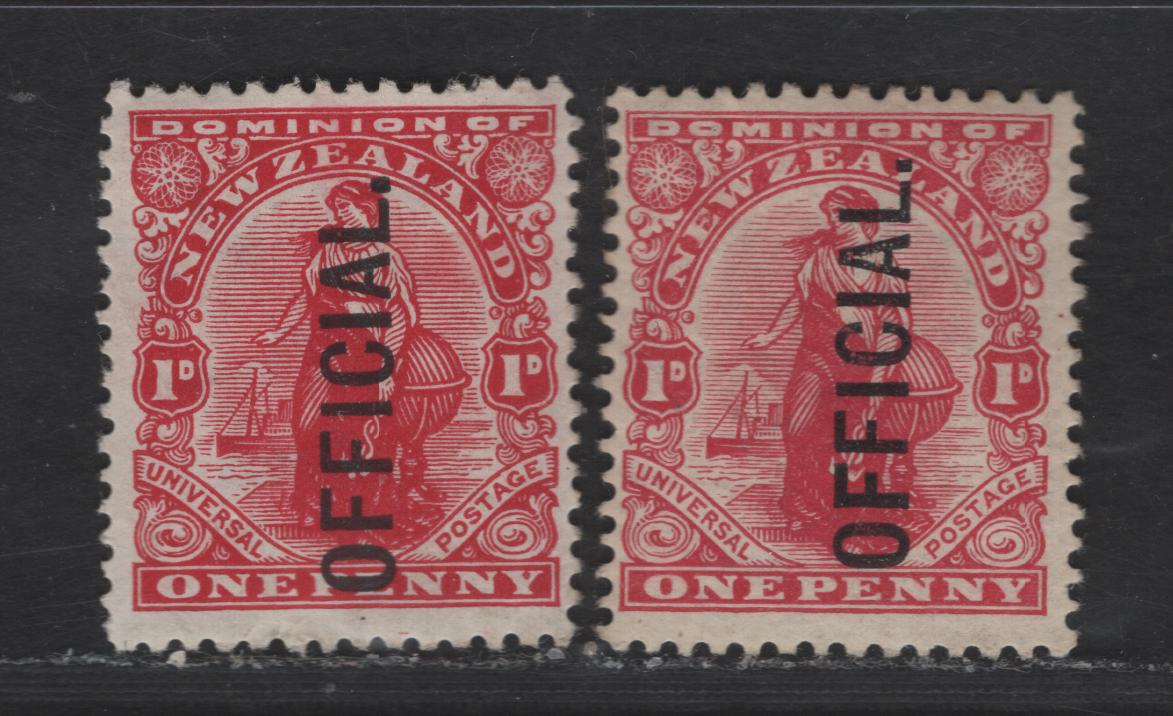 Lot 26 New Zealand SG#O78 1d Carmine Woman Standing, 1910-1926 Universal Penny Post Keyplates, 2 F/VFOG Singles, Two Slightly Different Shades