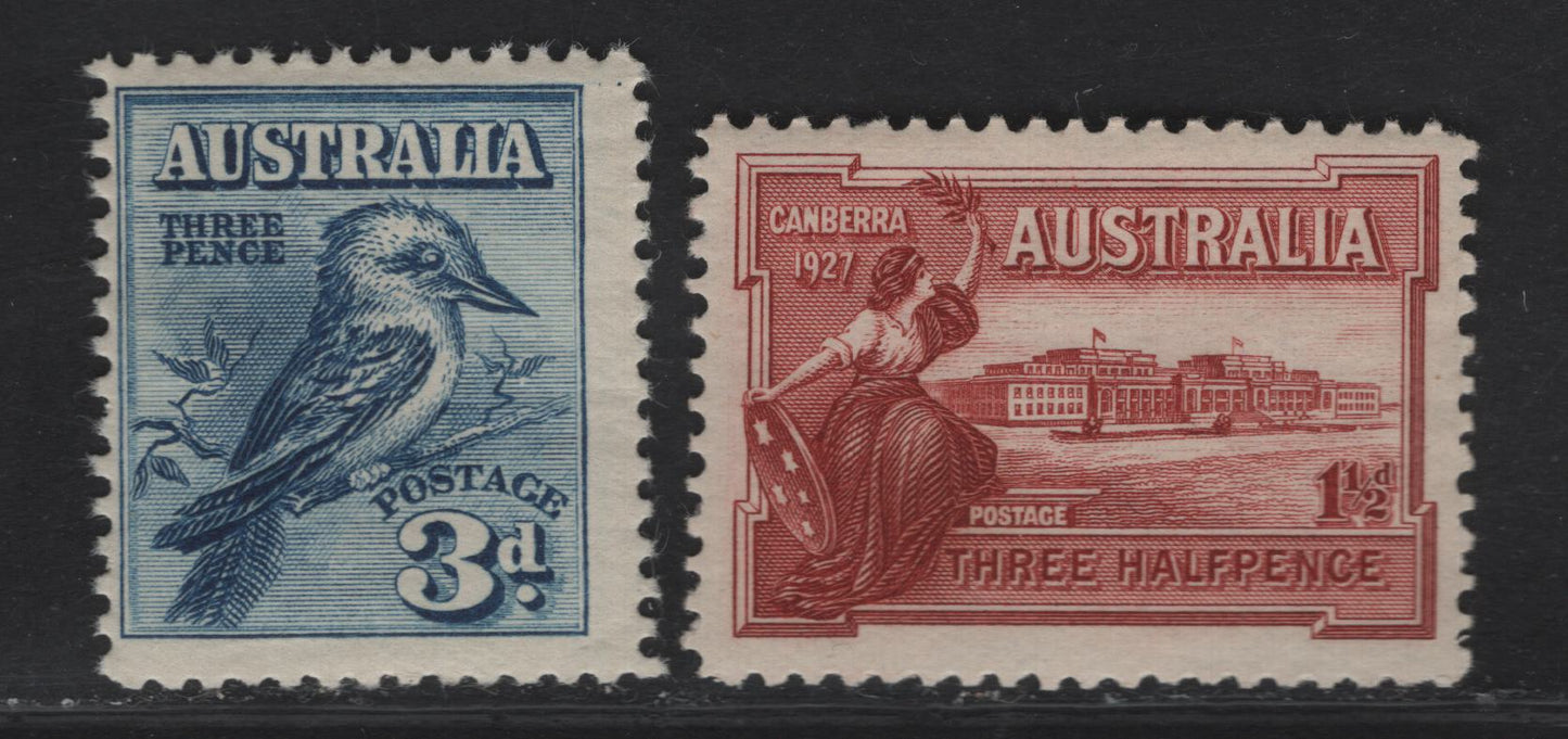 Lot 264 Australia SG#105-106 1.5d - 3d Brownish Lake - Blue Opening of Parliament House - Kookaburra, 1927 Opening of Parliament House - 4th nat'l Stamp Exhibition Issues, 2 F/VFNH Singles