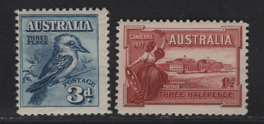 Lot 264 Australia SG#105-106 1.5d - 3d Brownish Lake - Blue Opening of Parliament House - Kookaburra, 1927 Opening of Parliament House - 4th nat'l Stamp Exhibition Issues, 2 F/VFNH Singles