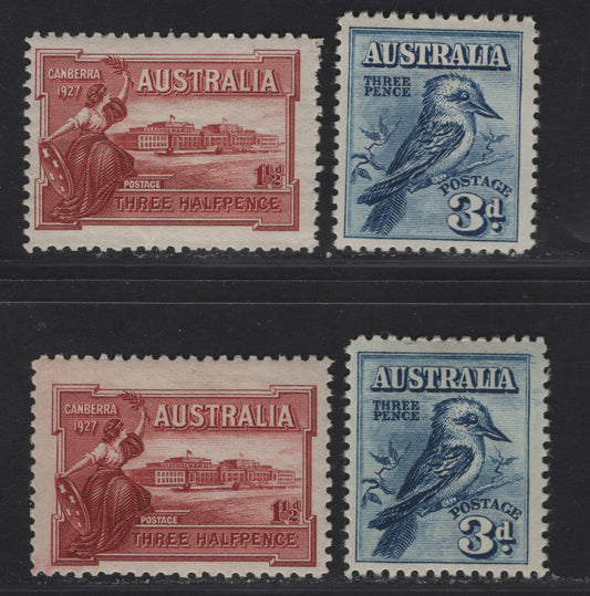 Lot 265 Australia SG#105-106 1.5d - 3d Brownish Lake - Blue Opening of Parliament House - Kookaburra, 1927 Opening of Parliament House - 4th nat'l Stamp Exhibition Issues, 4 F/VFOG Singles, Two Shade Variations Of Each