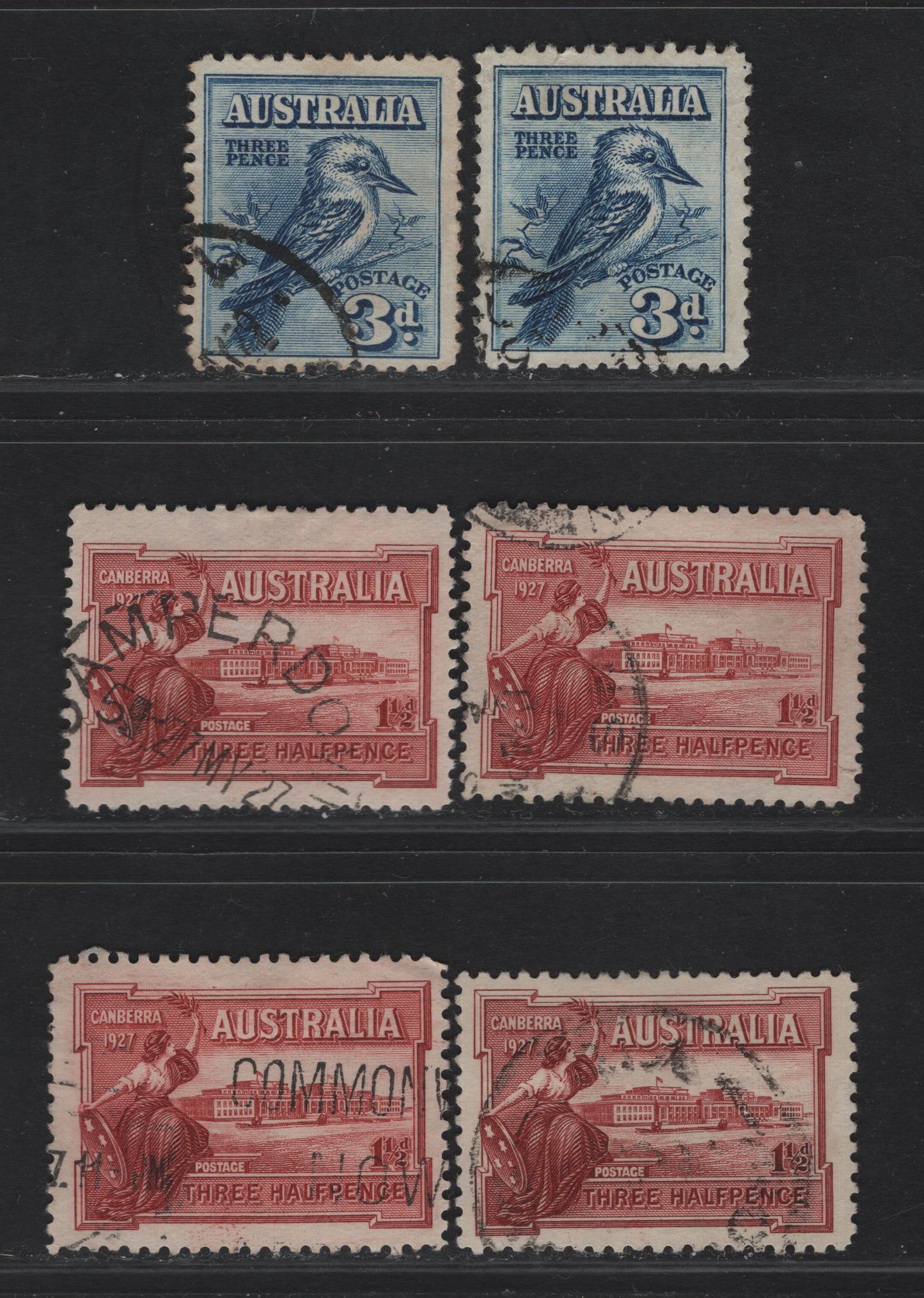 Lot 266 (C) Australia SG#105-106 1.5d - 3d Brownish Lake - Blue Opening of Parliament House - Kookaburra, 1927 Opening of Parliament House - 4th nat'l Stamp Exhibition Issues, 6 Very Fine Used Singles, Slight Shade & Paper Differences on the 3d