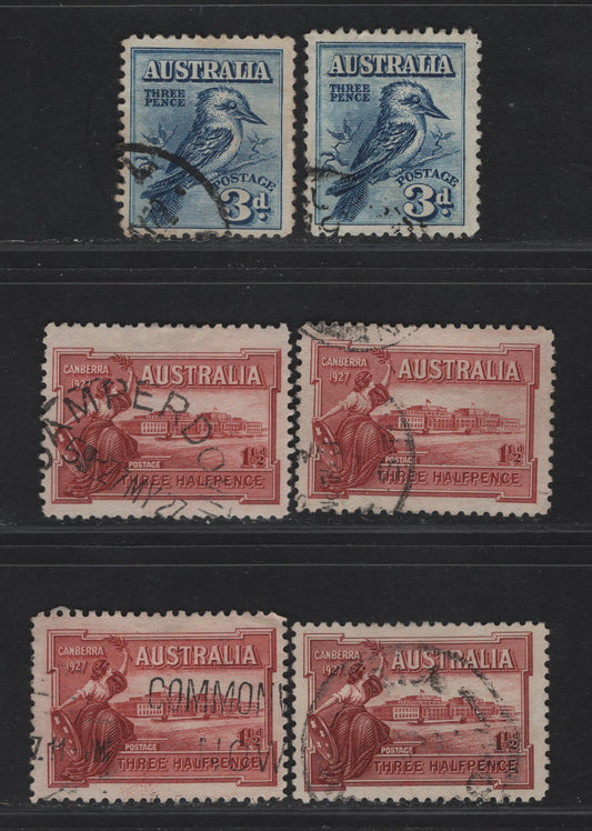 Lot 266 (C) Australia SG#105-106 1.5d - 3d Brownish Lake - Blue Opening of Parliament House - Kookaburra, 1927 Opening of Parliament House - 4th nat'l Stamp Exhibition Issues, 6 Very Fine Used Singles, Slight Shade & Paper Differences on the 3d