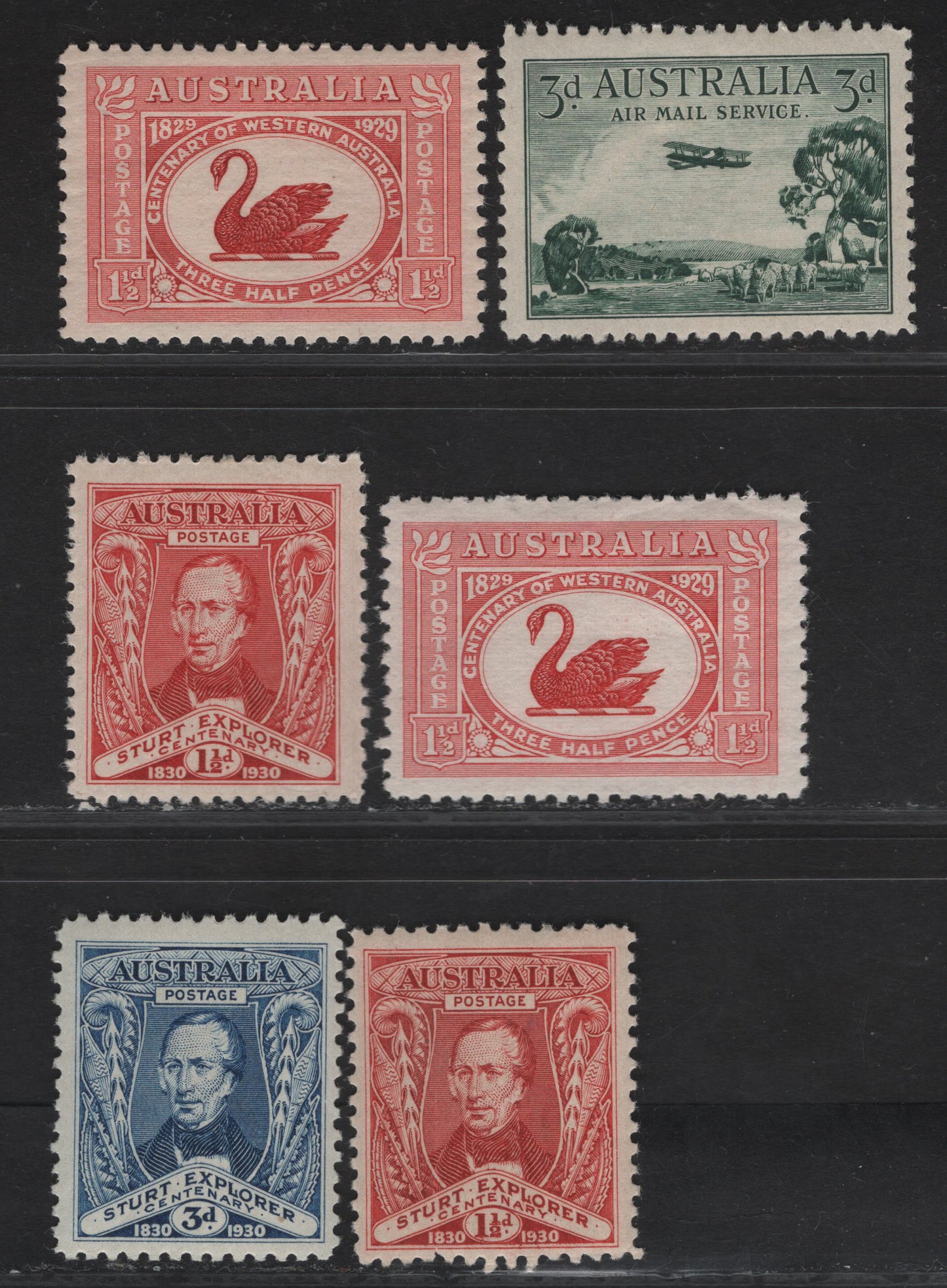 Lot 268 Australia SG#115-118 3d Green - Blue DH66 Biplane - Capt. Charles Strut, 1929-1930 Airmail - Centenary Of Exploration Issue, 6 VFOG Singles, Complete Mint With Additional Shade Variations Of The 1.5d