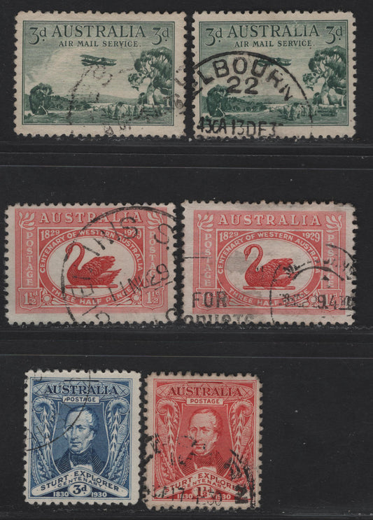 Lot 269 (C) Australia SG#115-118 3d Green - Blue DH66 Biplane - Capt. Charles Sturt, 1929-1930 Airmail - Centenary Of Exploration Issue, 6 Fine/Very Fine Used Singles, Complete Used, Includes 2 Shades Of 1.5d WA & 3d Airmail On Horiz & Vert. Wove Paper