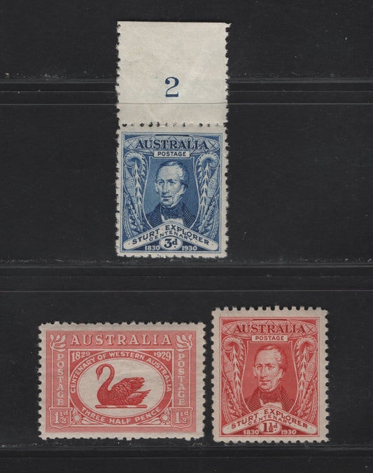 Lot 270 (C) Australia SG#116-118 1.5d - 3d Dull Scarlet - Blue Black Swan - Capt. Charles Sturt, 1929-1930 Centenary Of Western Australia - Centenary Of Exploration Issue, 3 VFNH Singles, Complete NH, Palte 2 Tab On 3d Sturt