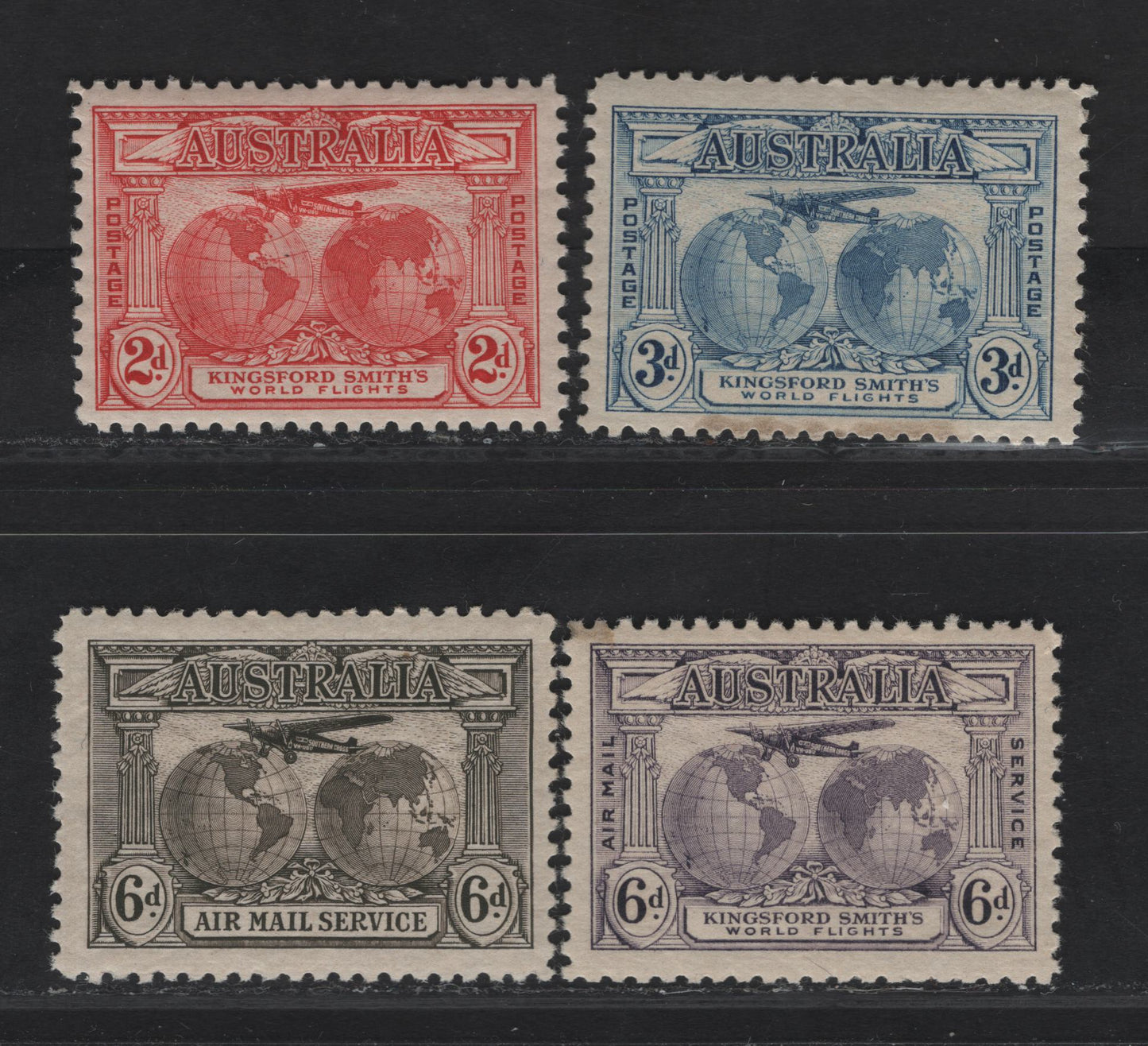 Lot 271 (C) Australia SG#121-123, 139 2d  - 6d Rose Red - Sepia Fokker F VIIs, 1931-1936 Kingsford Smiths Flights Issue, 4 F/VFOG Singles, Complete Set, Including Airmails, Small Stain on 6d Violet