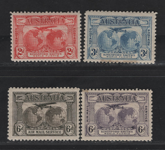 Lot 271 (C) Australia SG#121-123, 139 2d  - 6d Rose Red - Sepia Fokker F VIIs, 1931-1936 Kingsford Smiths Flights Issue, 4 F/VFOG Singles, Complete Set, Including Airmails, Small Stain on 6d Violet
