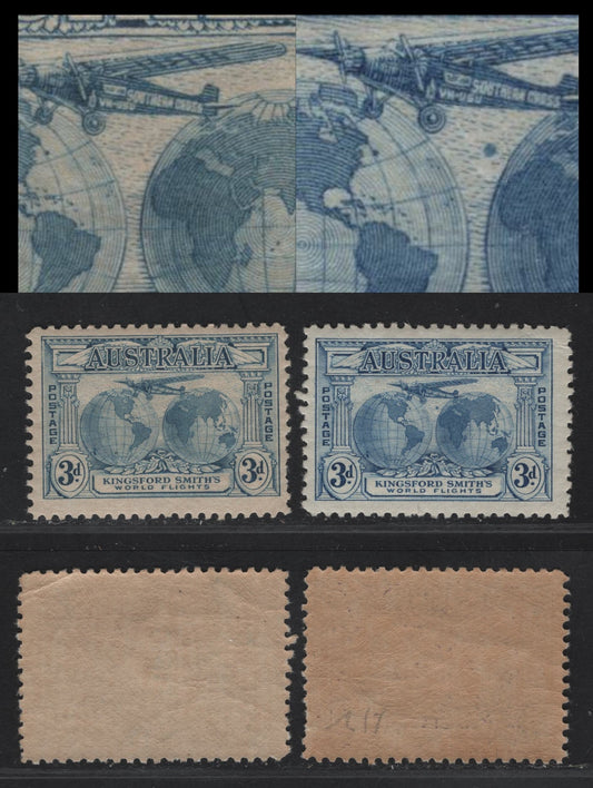 Lot 272 Australia SG#122-a 3d Blue - Dull Blue Fokker F VIIs, 1931 Kingsford Smiths Flights Issue, 2 F/VFNH Singles, Two Mint NH Singles, Brighter Shade Having 'Falling Mailbag' Variety