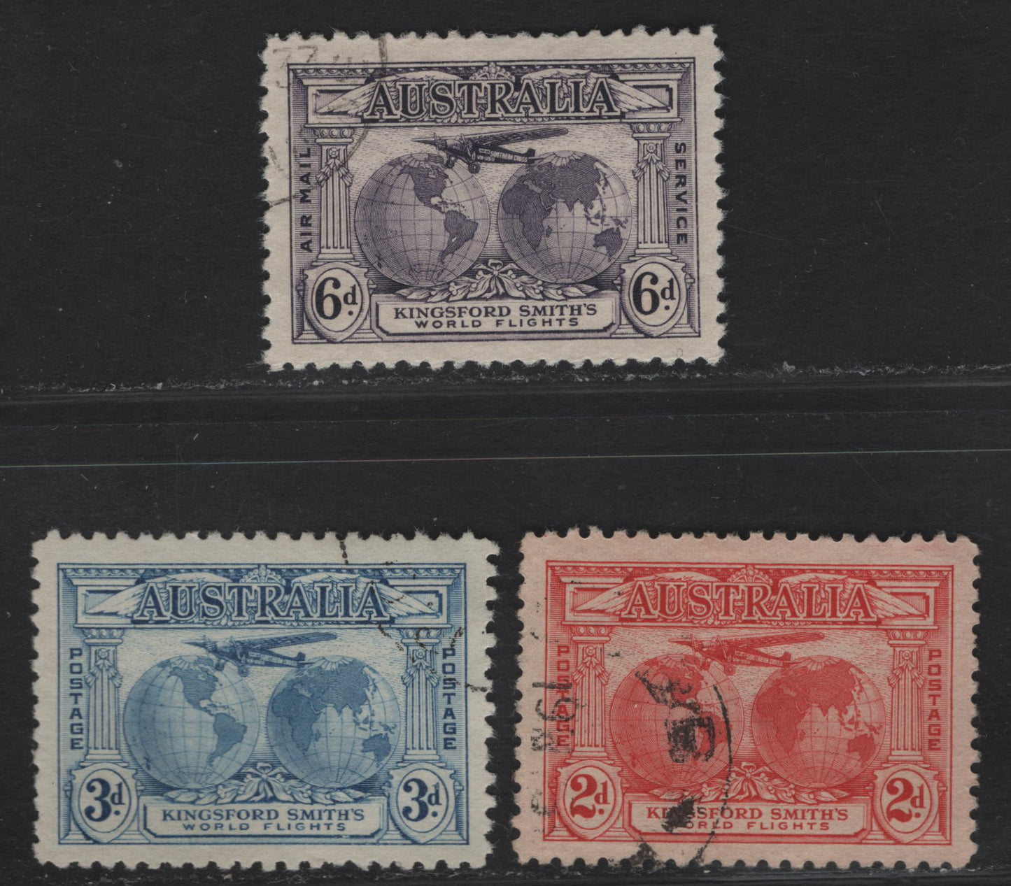 Lot 276 Australia SG#121-123 2d - 6d Rose Red - Violet Fokker F VIIs, 1931 Kingsford Smiths Flights Issue, 3 Very Fine Used Singles