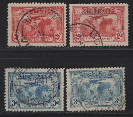 Lot 277 Australia SG#121-122 2d - 3d Rose Red - Blue Fokker F VIIs, 1931 Kingsford Smiths Flights Issue, 4 Very Fine Used Singles, Two Shade Variations of Each Value