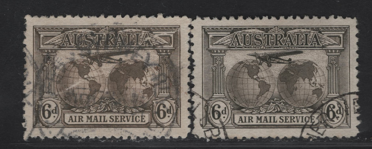 Lot 278 Australia SG#139 6d Sepia - Deep Sepia Fokker F VIIs, 1931 Kingsford Smiths Flights Issue, 2 Very Fine Used Singles, Two Distinct Shades, Specifically Not Differntiated In Gibbons