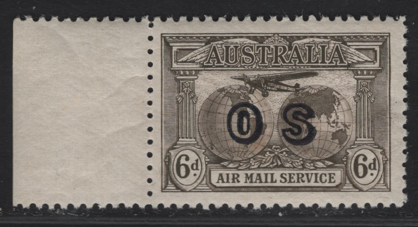 Lot 279 Australia SG#139a 6d Sepia Fokker F VIIs, 1931 Kingsford Smiths Flights Issue, A FNH Single, OS Overprint, Small GumToning Spot
