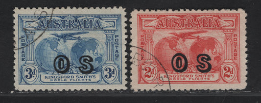 Lot 281 Australia SG#O123-O124 2d - 3d Rose Red - Blue Fokker F VIIs, 1931 Kingsford Smiths Flights Issue, 2 Very Fine Used Singles, Overprinted OS