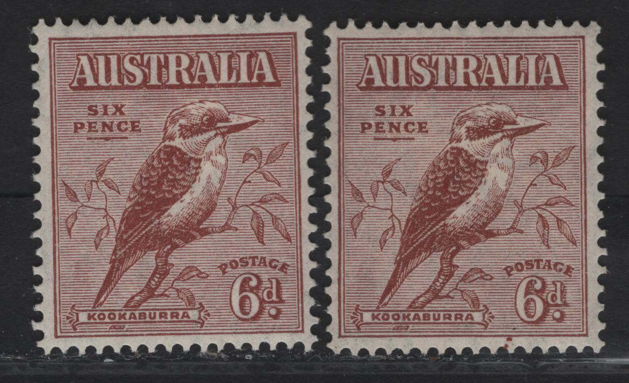 Lot 285 Australia SG#146 6d Red Brown Kookaburra, 1932 Kookaburra Definitives, 2 VFOG Singles