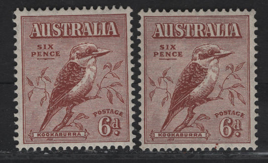 Lot 285 Australia SG#146 6d Red Brown Kookaburra, 1932 Kookaburra Definitives, 2 VFOG Singles
