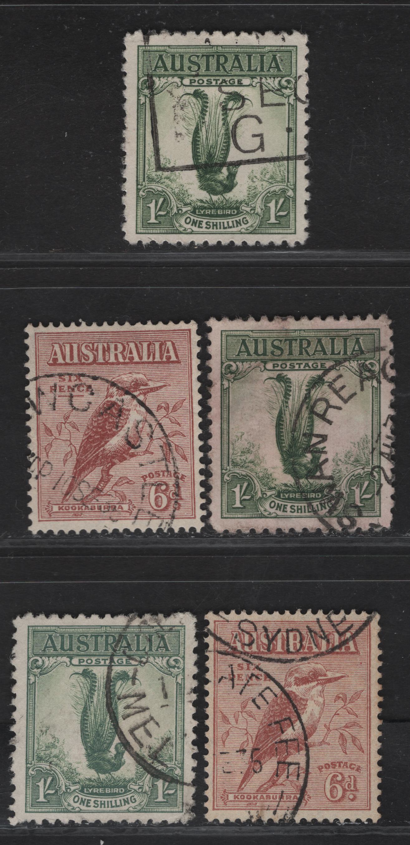 Lot 286 (C)  Australia SG#140, 146 1/- - 6d Green - Red brown Lyrebird - Kookaburra, 1932 Lyrebird - Kookaburra Definitives, 5 Very Fine Used Singles, 3 Different Shades Of 1/- That Are Not The Listed Yellow Green, Two of The 6d
