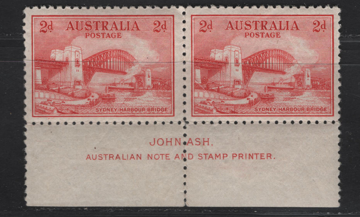Lot 287 Australia SG#141 2d Scarlet Sydney Harbor Bridge, 1932 Opening Sydney Harbor Bridge Issue, A VFNH Pair, Ash Imprint Pair