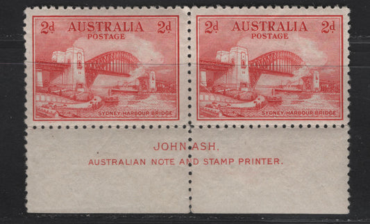 Lot 287 Australia SG#141 2d Scarlet Sydney Harbor Bridge, 1932 Opening Sydney Harbor Bridge Issue, A VFNH Pair, Ash Imprint Pair