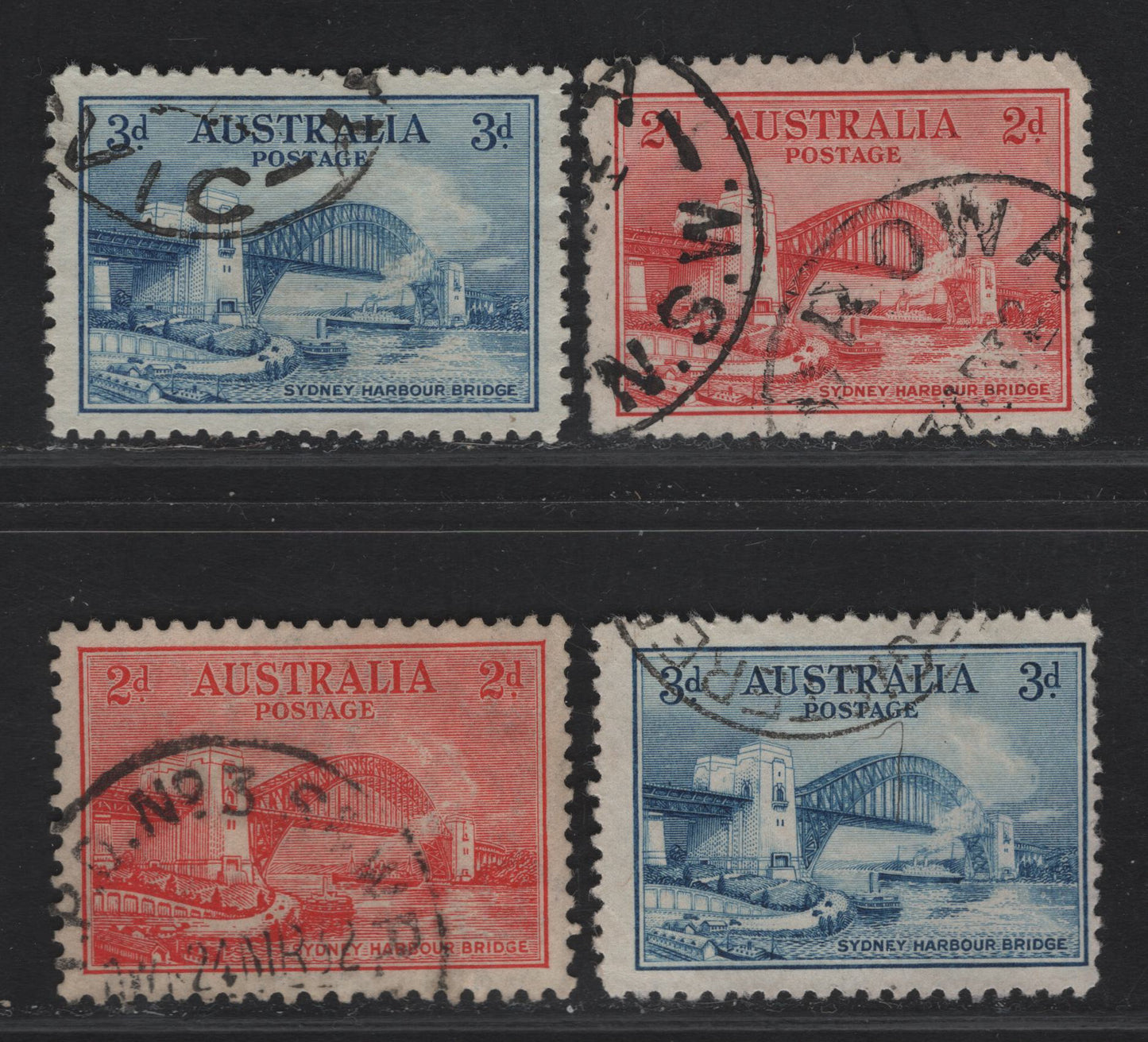 Lot 290 (C) Australia SG#141-142, 144 2d - 3d Scarlet - Blue Sydney Harbor Bridge, 1932 Opening Sydney Harbor Bridge Issue, 2 Fine/Very Fine Used Singles, Engraved & Typographed Stamps, Two Shades Of 3d, One On Vertical Wove & One On Horizontal Wove.