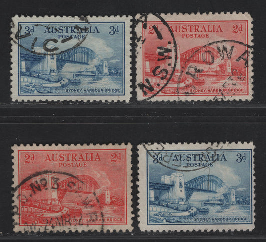 Lot 290 (C) Australia SG#141-142, 144 2d - 3d Scarlet - Blue Sydney Harbor Bridge, 1932 Opening Sydney Harbor Bridge Issue, 2 Fine/Very Fine Used Singles, Engraved & Typographed Stamps, Two Shades Of 3d, One On Vertical Wove & One On Horizontal Wove.