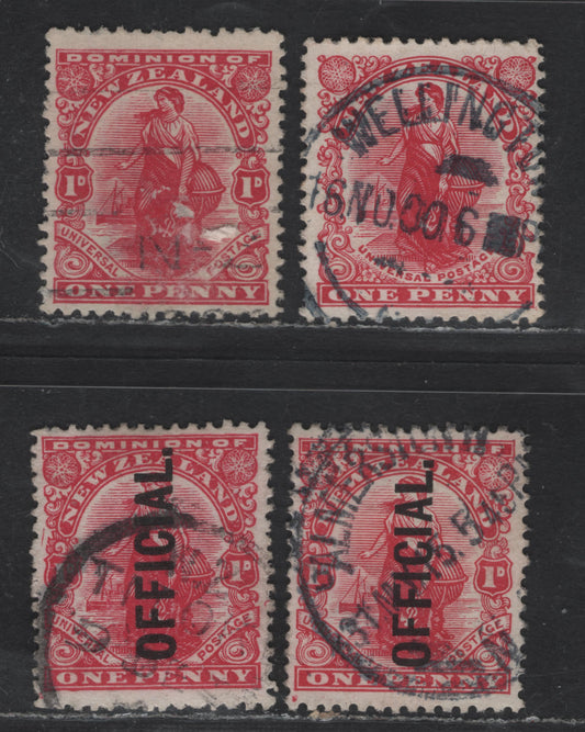 Lot 29 New Zealand SG#386, 406, O78-O79 1d Carmine Woman Standing, 1908-1926 Pictorial Issues, 4 Very Fine Used Singles, De la Rue & Jones Papers, Official Overprints