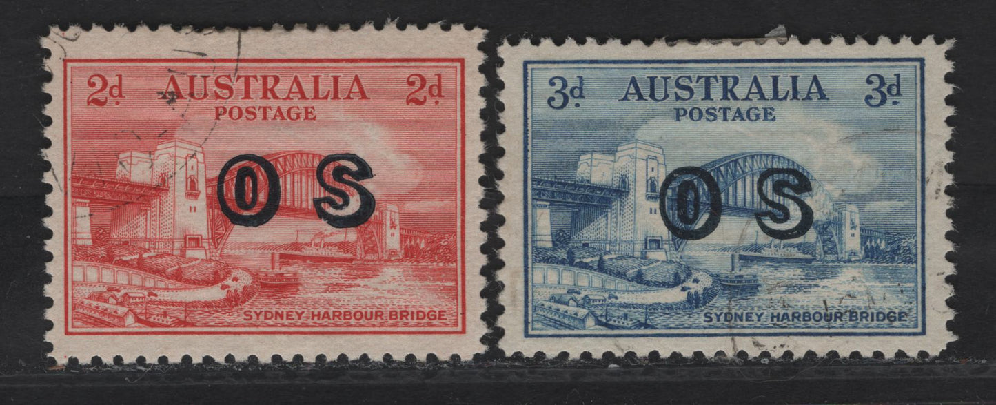 Lot 291 Australia SG#O134-O135 2d - 3d Scarlet - Blue Sydney Harbor Bridge, 1932 Opening Sydney Harbor Bridge Issue, 2 Very Fine Used Singles, Overprinted OS