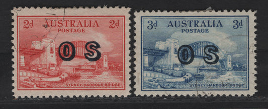 Lot 291 Australia SG#O134-O135 2d - 3d Scarlet - Blue Sydney Harbor Bridge, 1932 Opening Sydney Harbor Bridge Issue, 2 Very Fine Used Singles, Overprinted OS