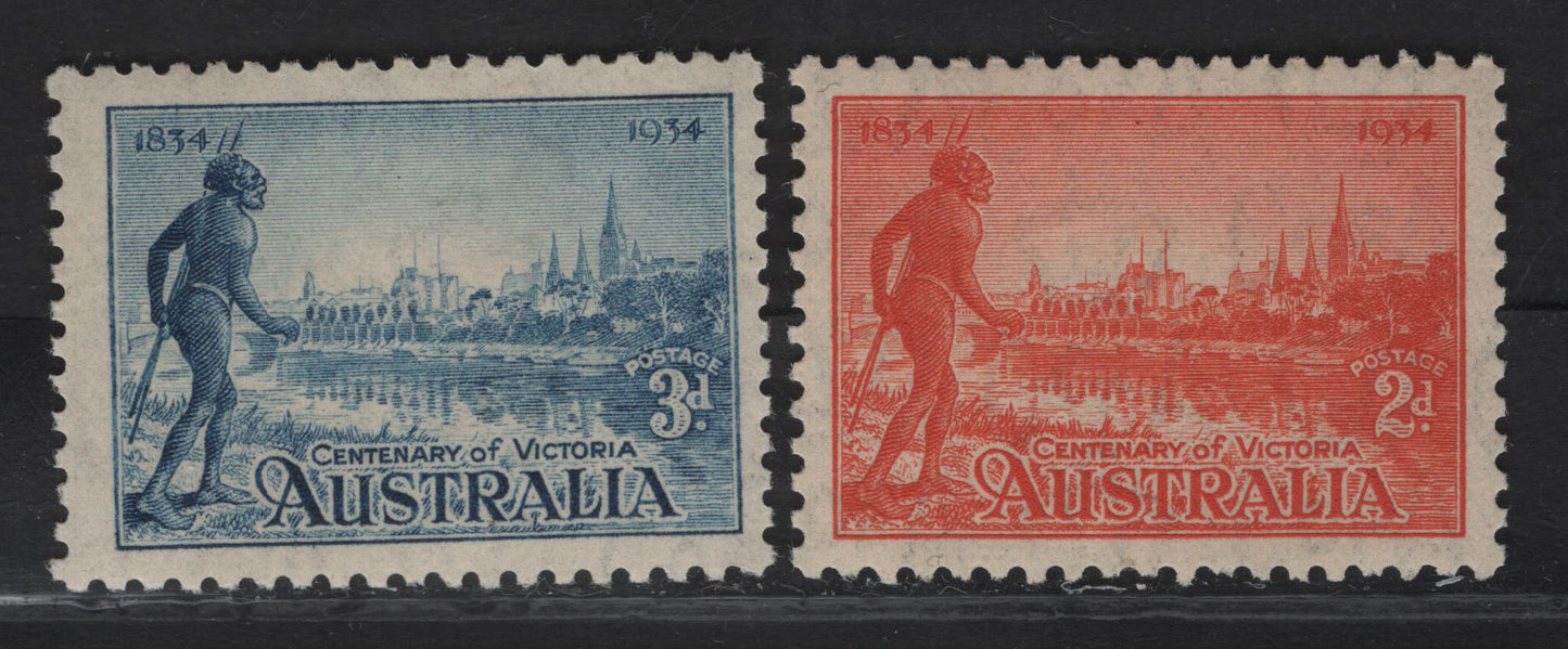 Lot 292 Australia SG#147-148 2d - 3d Orange Vermillion - Blue Melbourne & R Yarra, 1934 Centenary of Victoria Issue, 2 F/VFNH Singles, Perf 10.5