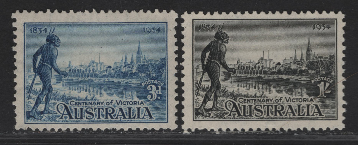 Lot 293 Australia SG#148a-149a 3d- 1/- Blue - Black Melbourne & R Yarra, 1934 Victoria Centenary Issue, 2 FNH Singles, Perf 11.5