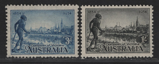 Lot 293 Australia SG#148a-149a 3d- 1/- Blue - Black Melbourne & R Yarra, 1934 Victoria Centenary Issue, 2 FNH Singles, Perf 11.5