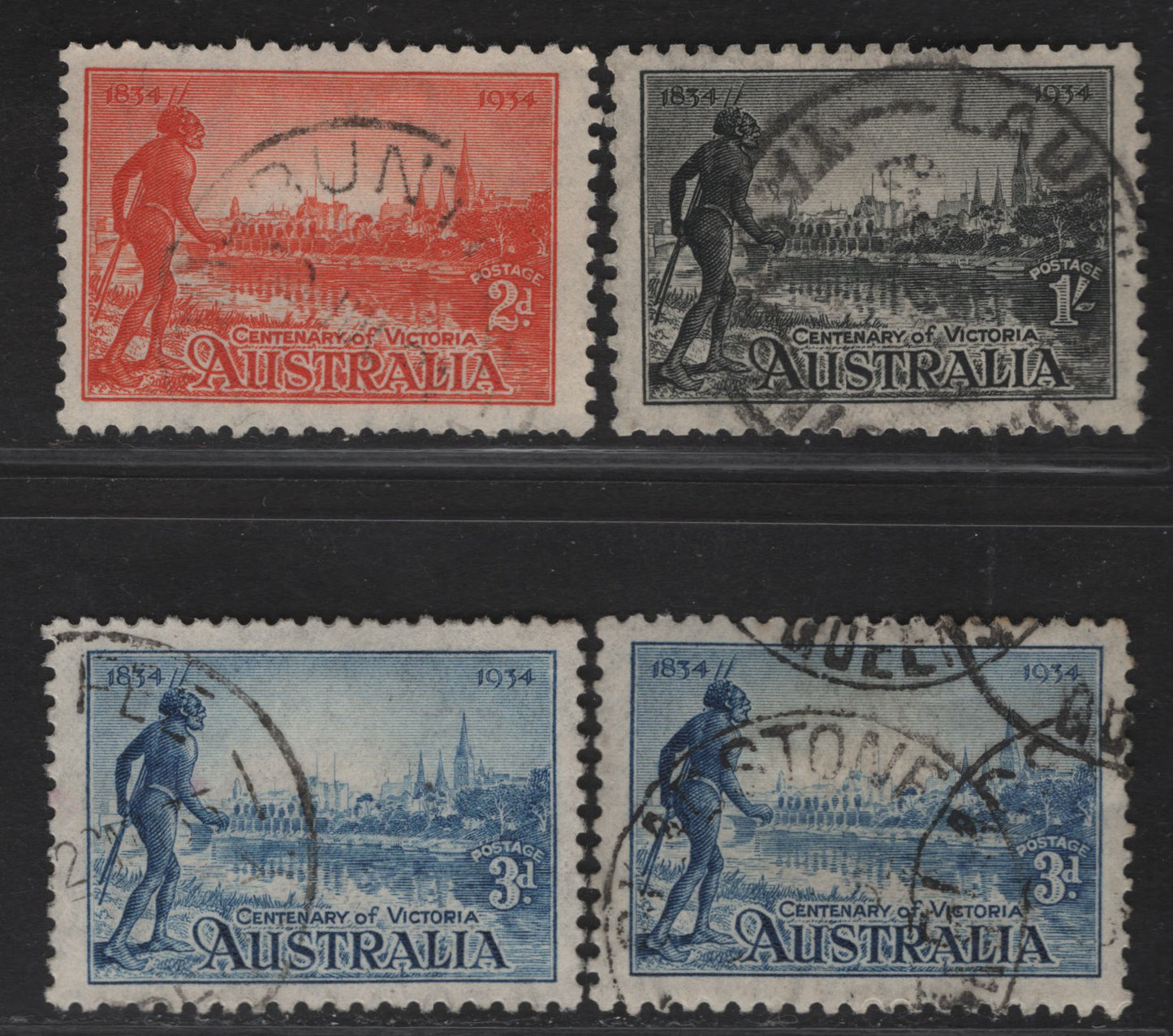 Lot 294 (C) Australia SG#147-149 2d - 1/- Orange Vermillion - Black Melbourne & R Yarra, 1934 Victoria Centenary Issue, 4 Fine/Very Fine Used Singles, Perf 10.5, 2 Shades Of 3d