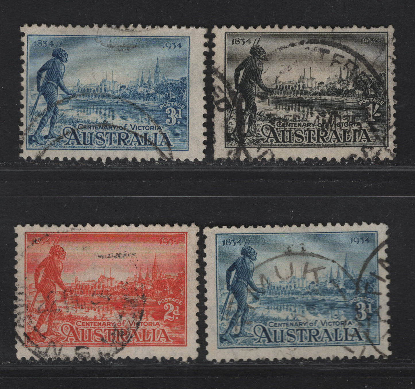 Lot 296 Australia SG#147a-149a 2d - 1/- Orange Vermillion - Black Melbourne & R Yarra, 1934 Victoria Centenary Issue, 3 Fine Used Singles, Perf 11.5, 2 Shades Of 3d