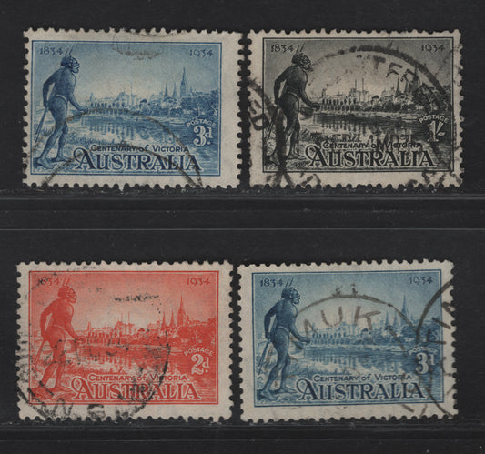 Lot 296 Australia SG#147a-149a 2d - 1/- Orange Vermillion - Black Melbourne & R Yarra, 1934 Victoria Centenary Issue, 3 Fine Used Singles, Perf 11.5, 2 Shades Of 3d