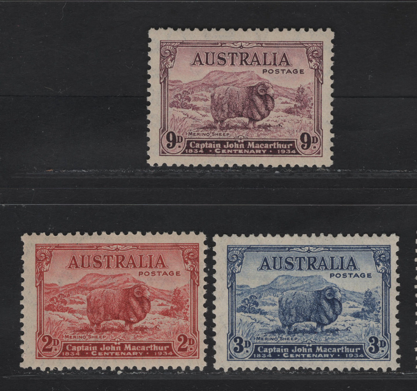 Lot 297 Australia SG#150-152 2d - 9d Carmine Red - Violet Merino Ram, 1934 Macarthur Issue, 3 F/VFOG Singles, 2d Carmine Red Die A