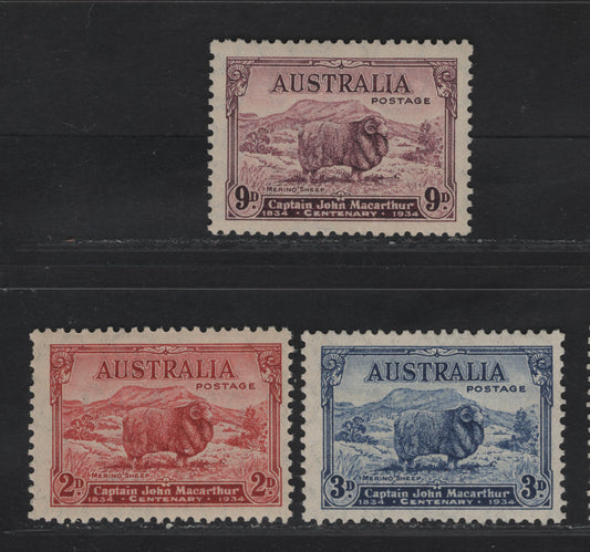 Lot 297 Australia SG#150-152 2d - 9d Carmine Red - Violet Merino Ram, 1934 Macarthur Issue, 3 F/VFOG Singles, 2d Carmine Red Die A