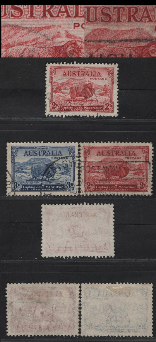 Lot 299 (C) Australia SG#150-150a, 152 2d - 3d Carmine Red - Blue Merino Ram, 1934 Macarthur Issue, 3 Very Fine Used Singles, 2d Carmine Red Dies A & B