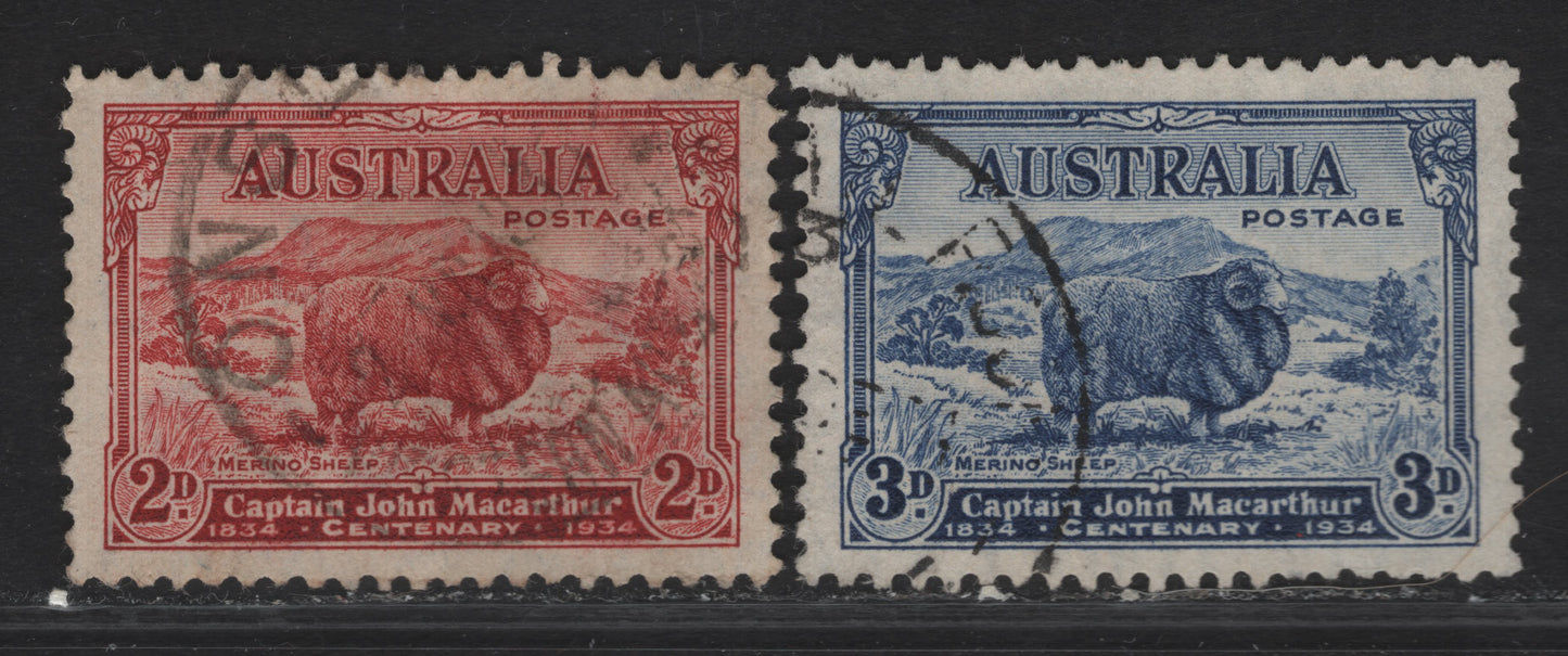 Lot 300 (C) Australia SG#150-151 2d - 3d Carmine Red - Blue Merino Ram, 1934 Macarthur Issue, 2 Very Fine Used Singles, 2d Carmine Red Die A