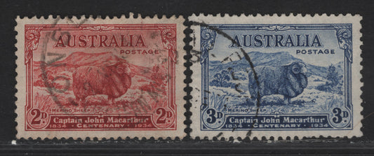 Lot 300 (C) Australia SG#150-151 2d - 3d Carmine Red - Blue Merino Ram, 1934 Macarthur Issue, 2 Very Fine Used Singles, 2d Carmine Red Die A