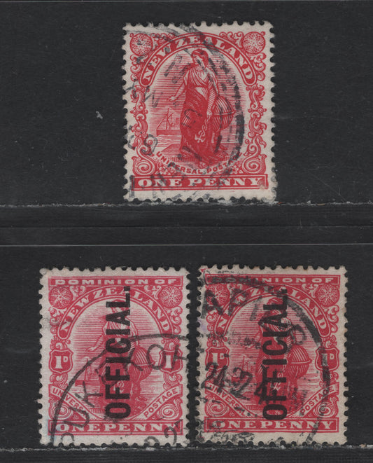 Lot 30 New Zealand SG#386, O78-O79 1d Carmine Woman Standing, 1908-1926 Pictorial Issues, 3 Very Fine Used Singles, De la Rue & Jones Papers, Original Design Without Inscription, Revised Design On Both Papers With Official Overprint.