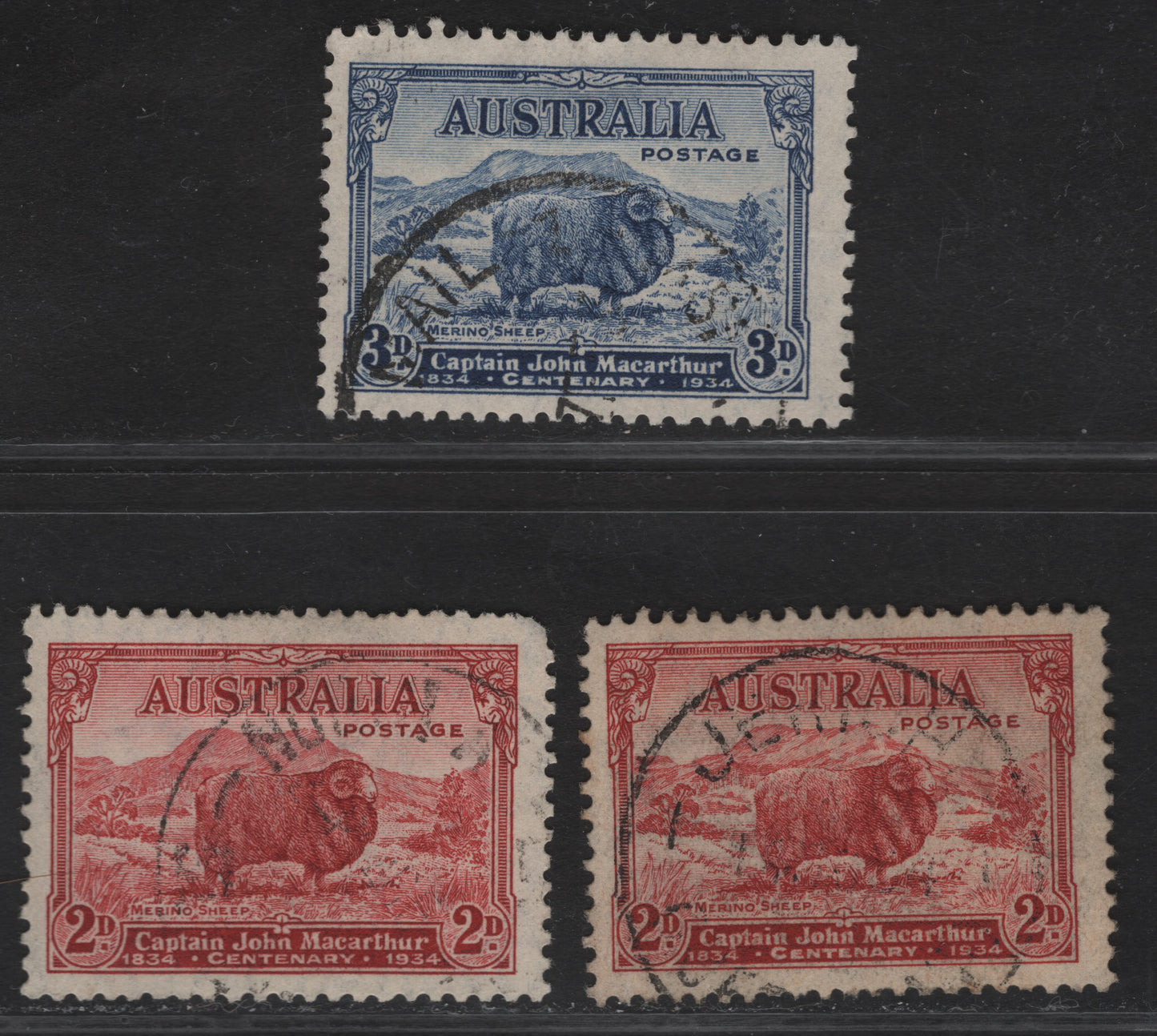 Lot 301 Australia SG#150-a, 151 2d -3d Carmine Red - Blue Merino Ram, 1934 Macarthur Issue, 3 Fine Used Singles, 2d Carmine Red Dies A & B