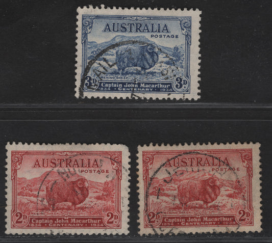 Lot 301 Australia SG#150-a, 151 2d -3d Carmine Red - Blue Merino Ram, 1934 Macarthur Issue, 3 Fine Used Singles, 2d Carmine Red Dies A & B